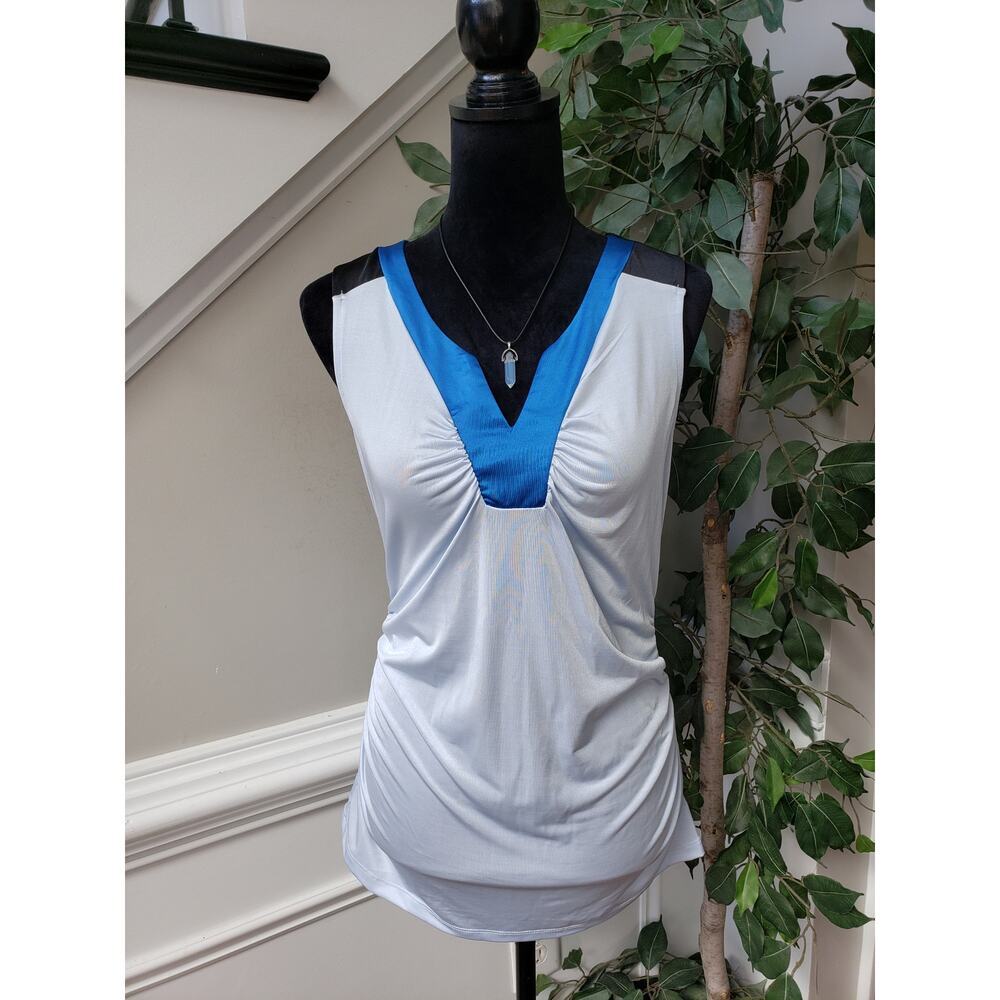 New York & Co Top Blouse Womens M White Contrast Trim Stretch Ruched Pullover